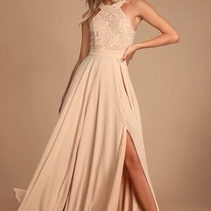 Lulu’s pink blush lace halter maxi dress